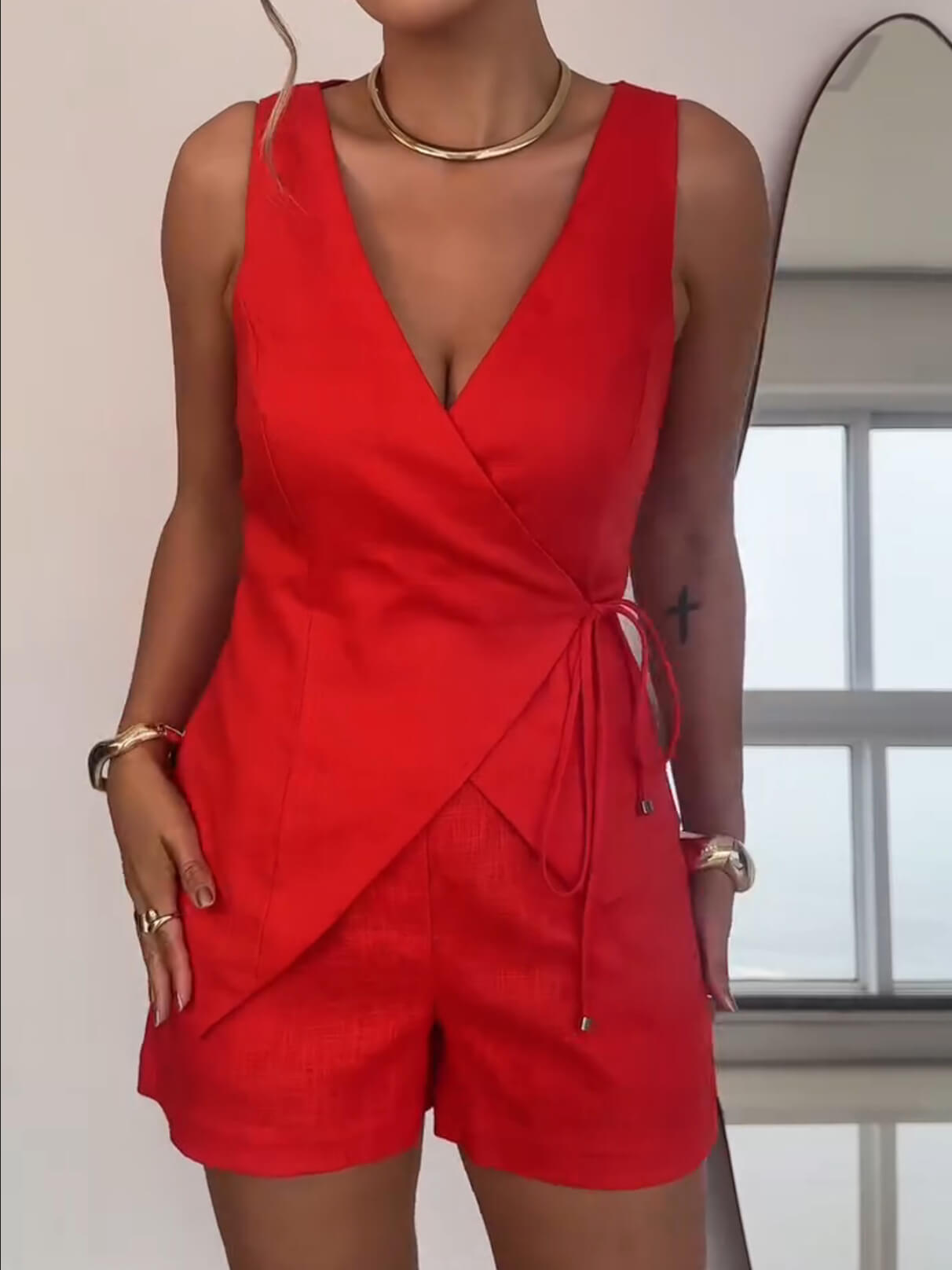 V-Neck Sleeveless Crossover Linen 2-Piece Set