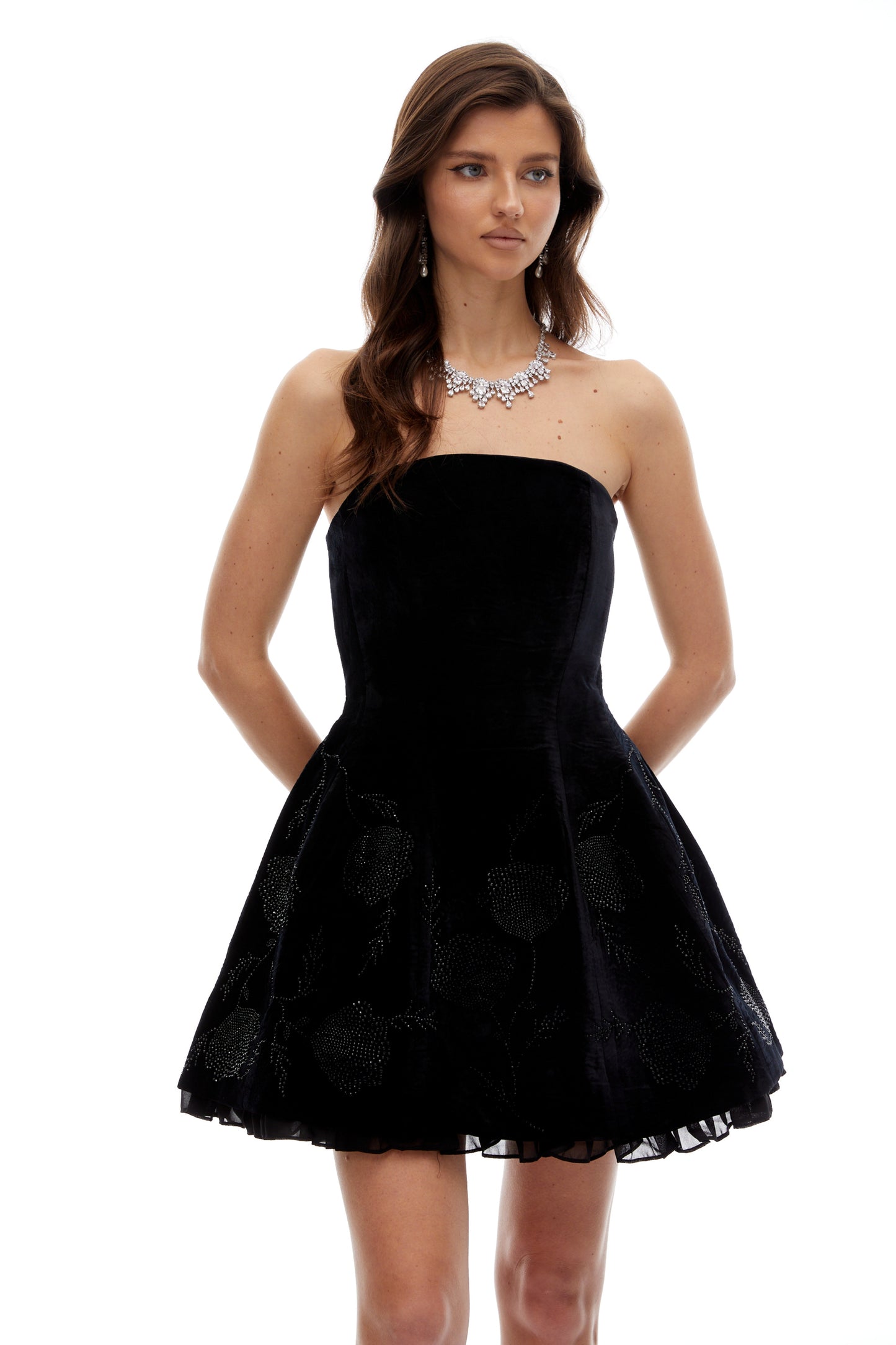 Veromca Black Floral Rhinestone Embellished Mini Dress