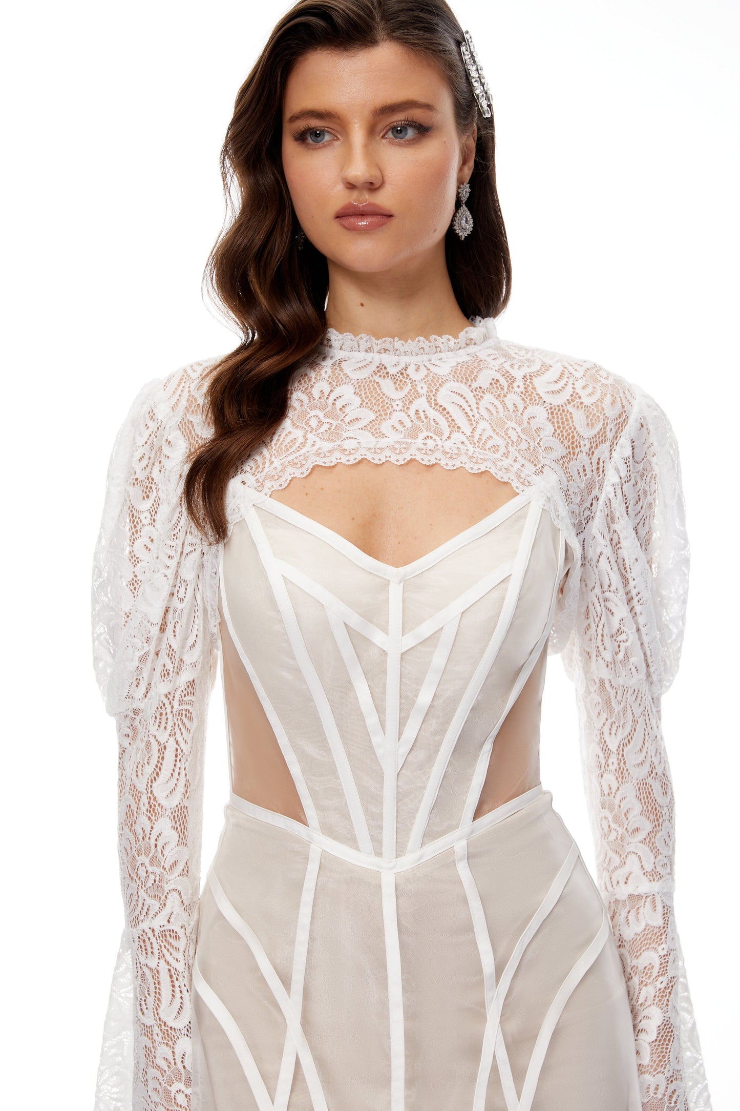 Ilaria White Lace Shrug & Linear Organza Dress Set