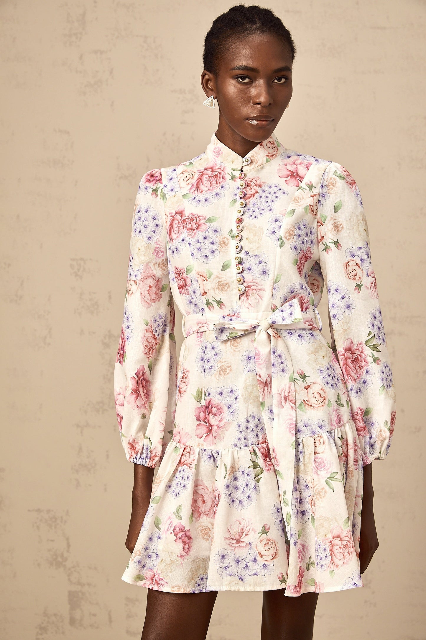 Maia tied-waist floral-print mini dress in White