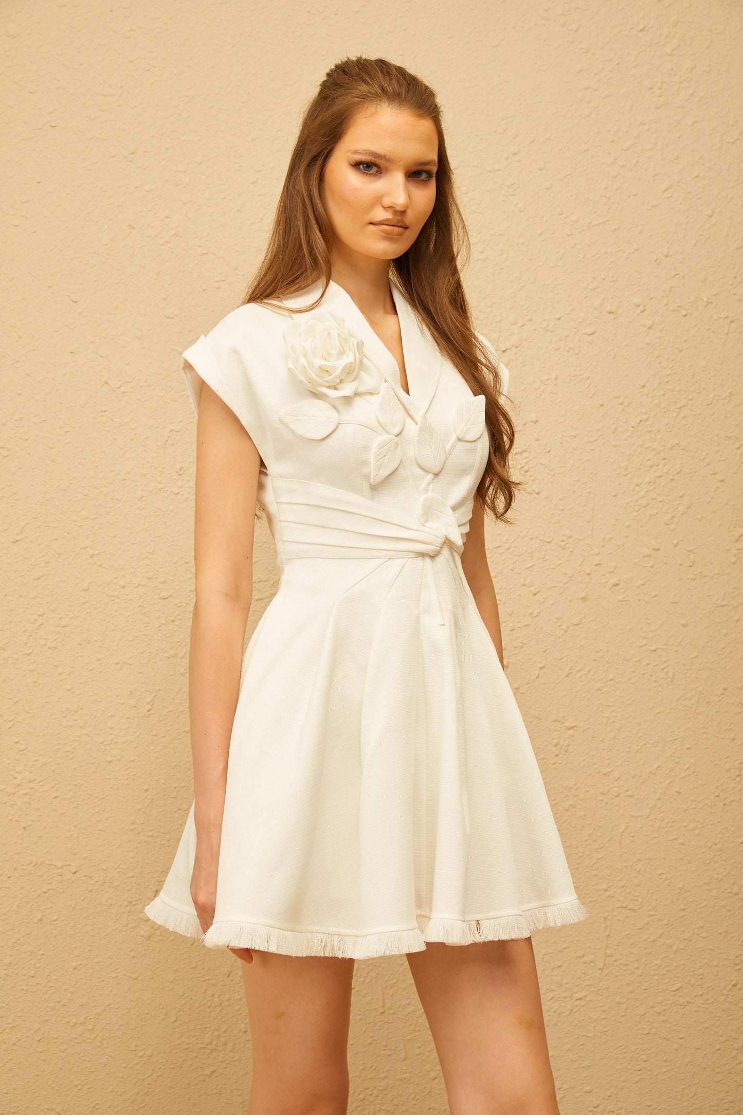 Bernadett White 3D Petal Pleated Mini Dress