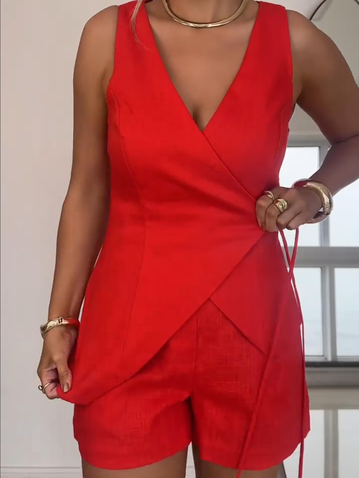 V-Neck Sleeveless Crossover Linen 2-Piece Set