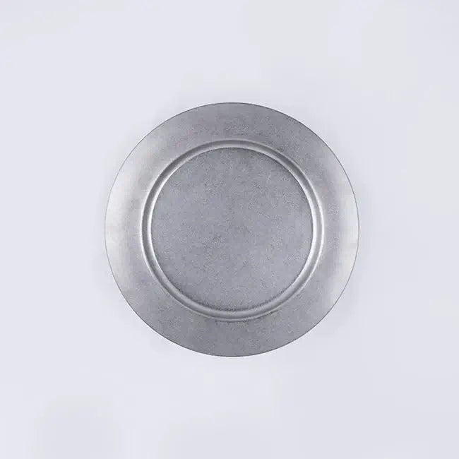 Vintage INOX round stainless steel plate with chic design, ideal for versatile use.
