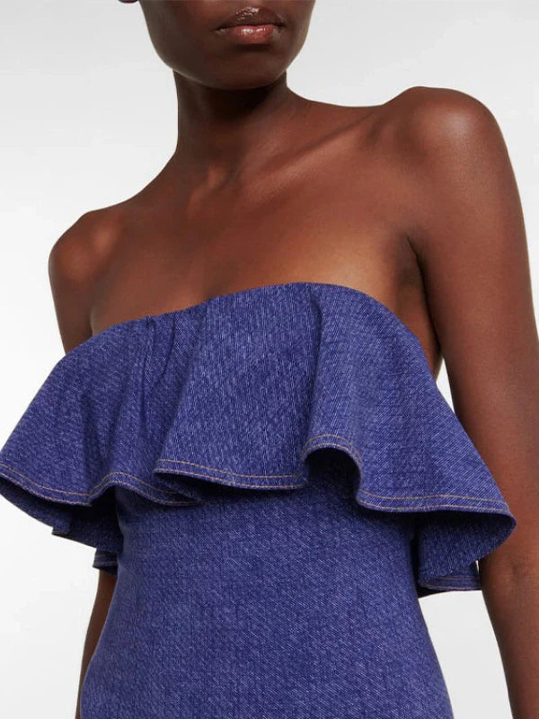 Off-Shoulder Ruffle Denim Swimsuit