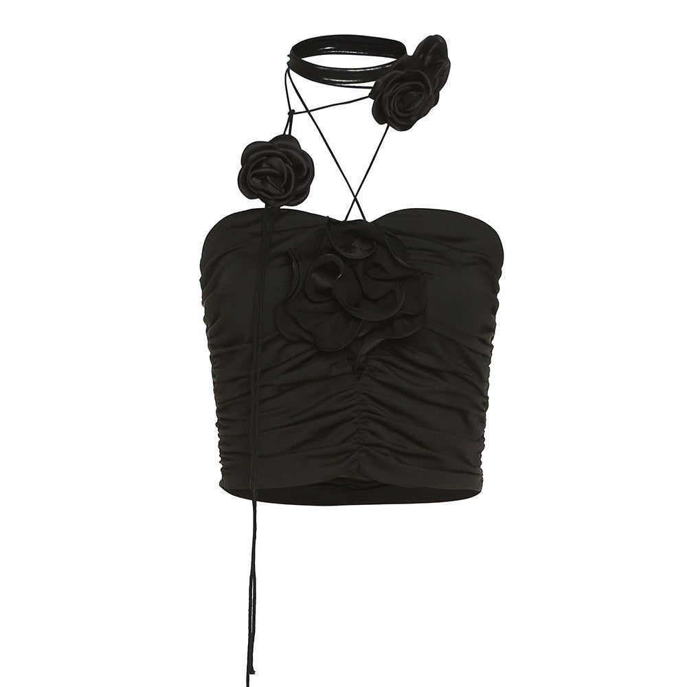 Black Flower Necklace Lace Up Sleeveless Halter Tank Top