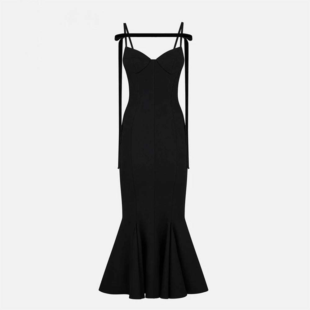 Frilled Bottom Bodycon Backless Lace Up Midi Dress