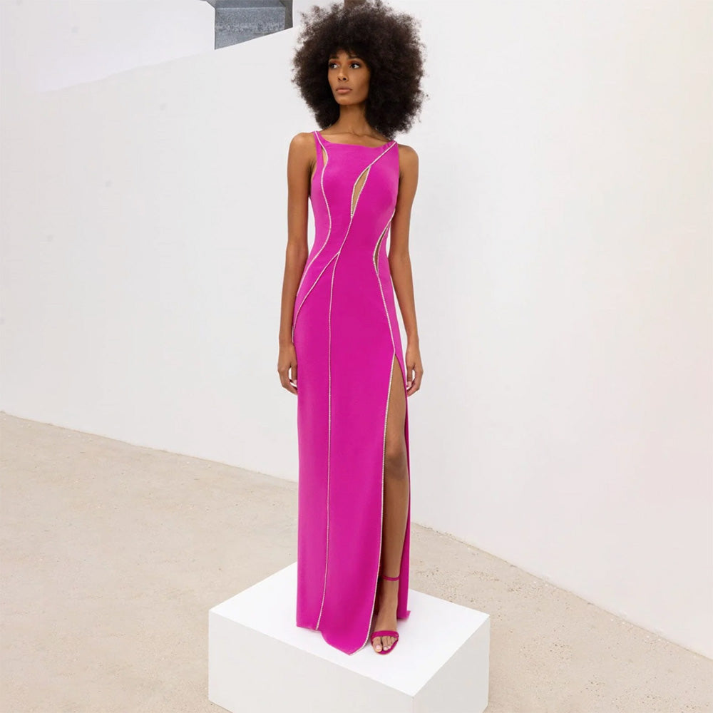 Pink Cut Out Diamonds Split Maxi Bandage Dress