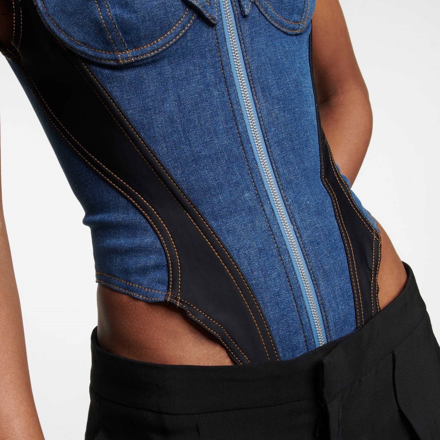 Dark Blue Denim Patchwork Lace Up Zipper Bodysuit