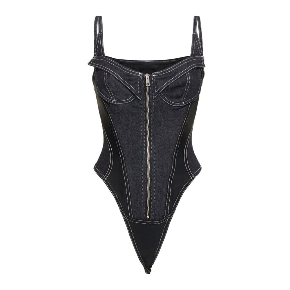 Black Denim Patchwork Lace Up Zipper Bodysuit