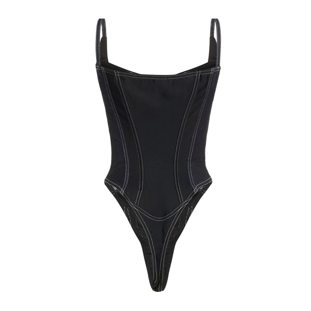 Black Denim Patchwork Lace Up Zipper Bodysuit