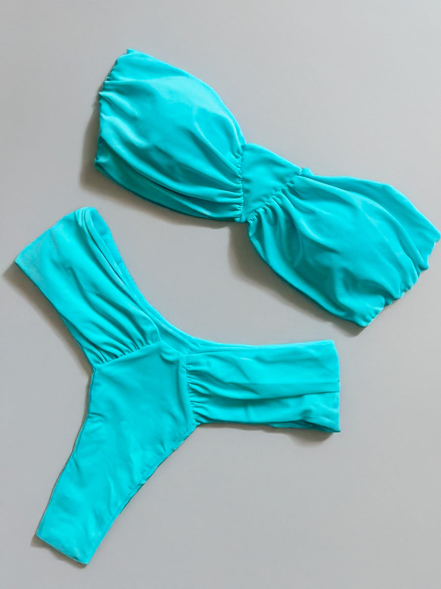 Pink Bandeau Bikini Set – Strapless Brazilian Thong Swimwear with High-Cut Bottoms