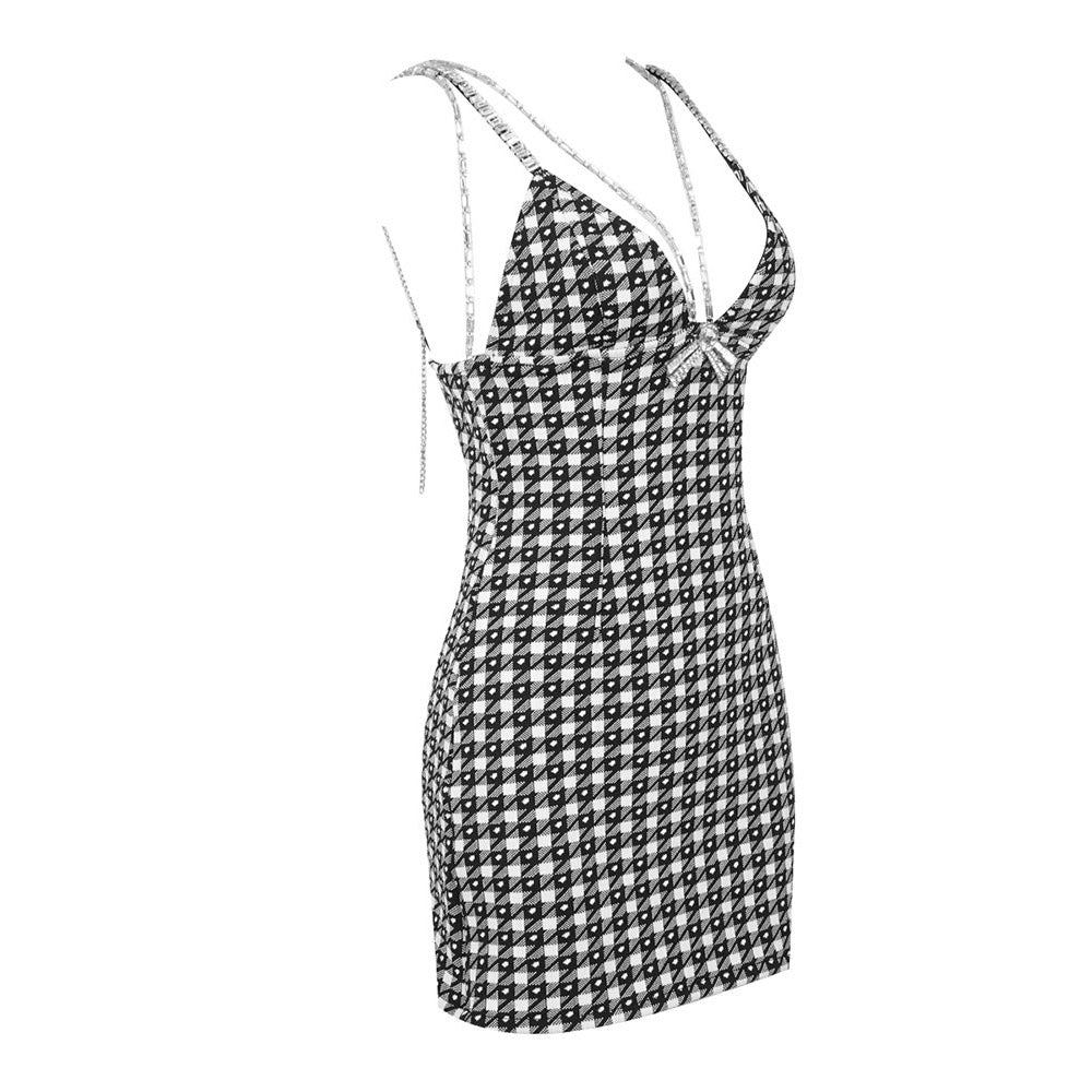 Houndstooth Crystal Bow V Neck Mini Dresses