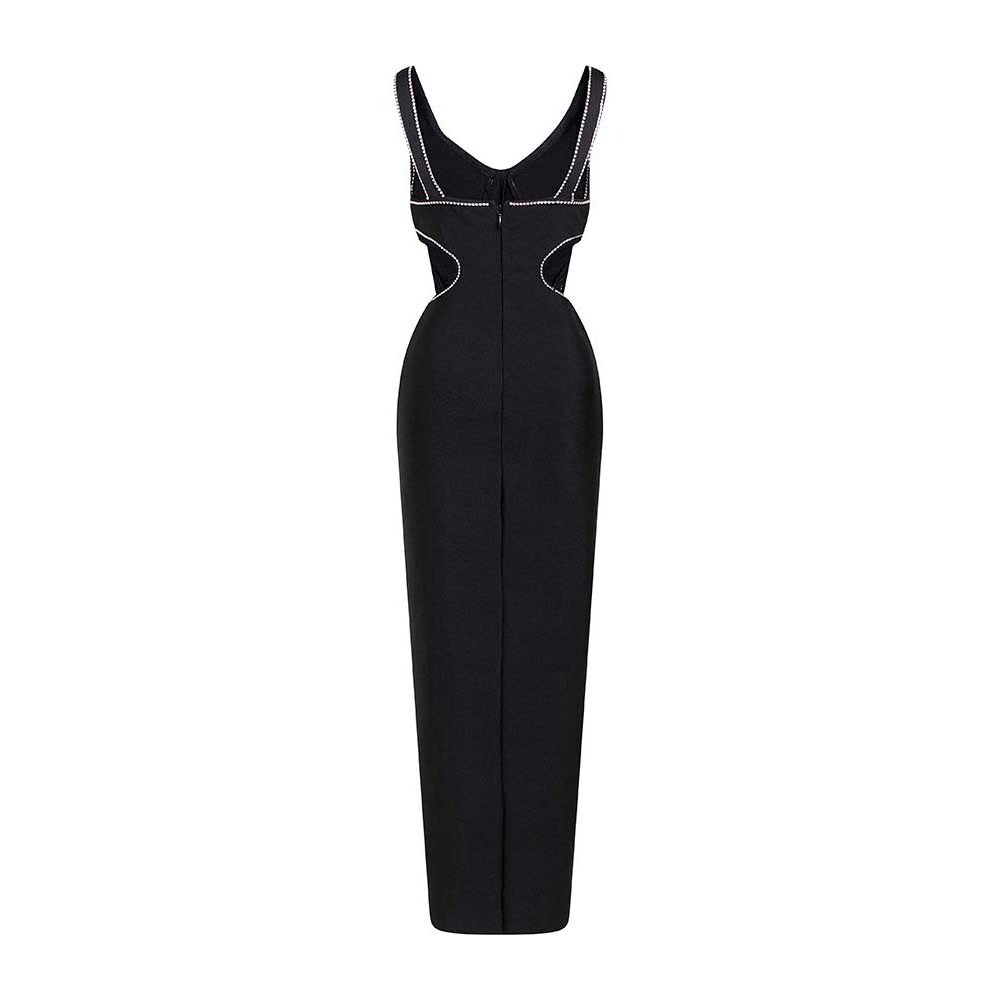 V-neck Sleeveless Hollow out Black Crystals Side Split Maxi Dress