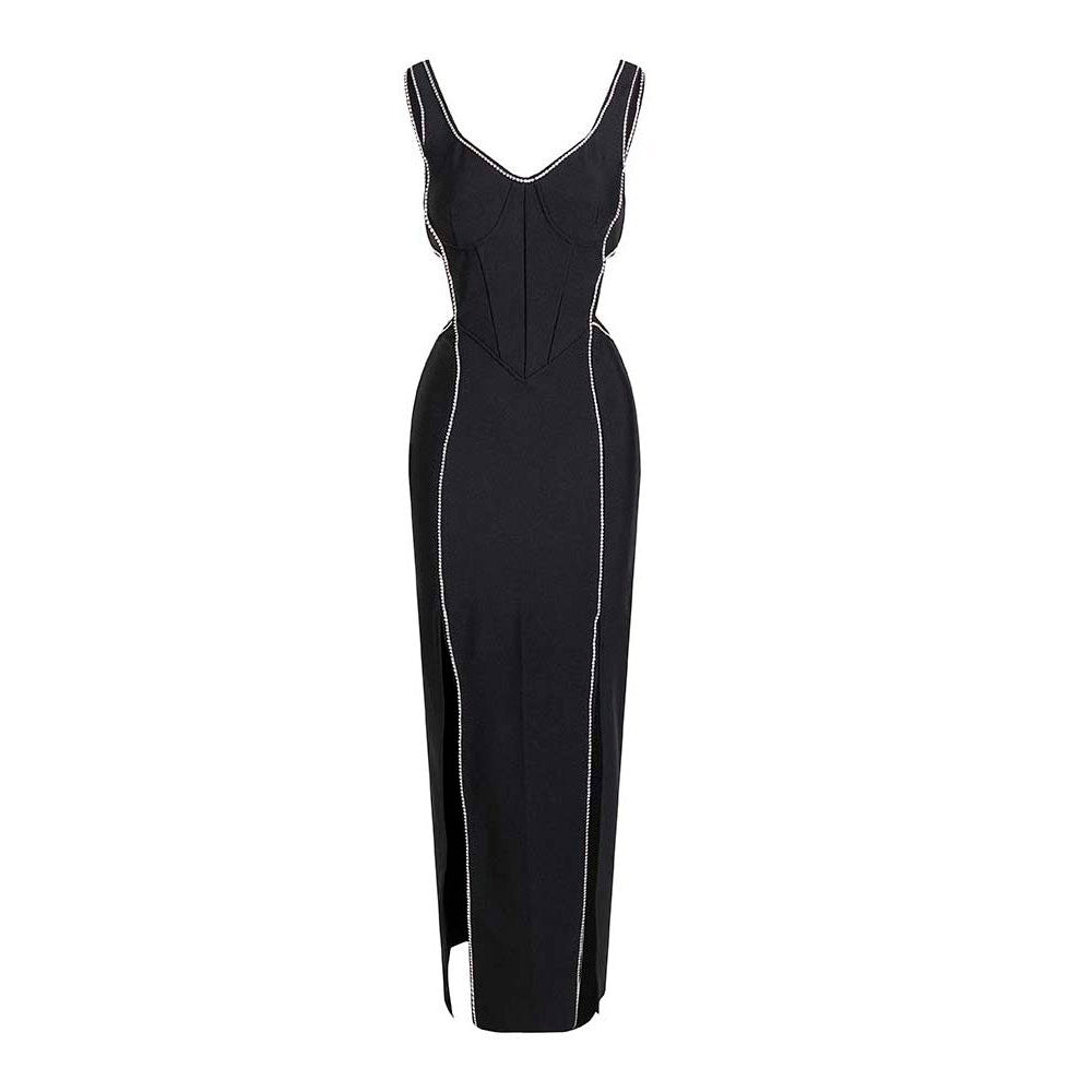 V-neck Sleeveless Hollow out Black Crystals Side Split Maxi Dress