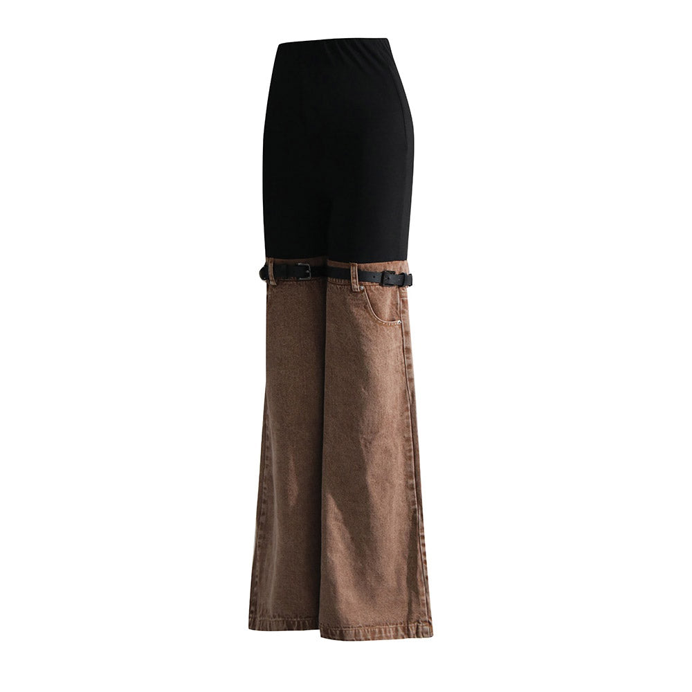 Knees Waist Patchwork Khaki Denim Flared Pants