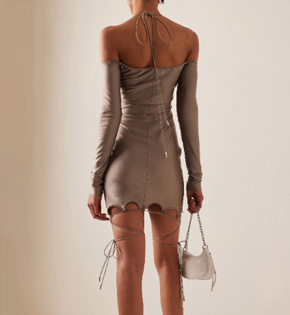Lace Up Off Shoulder Khaki Mini Dress