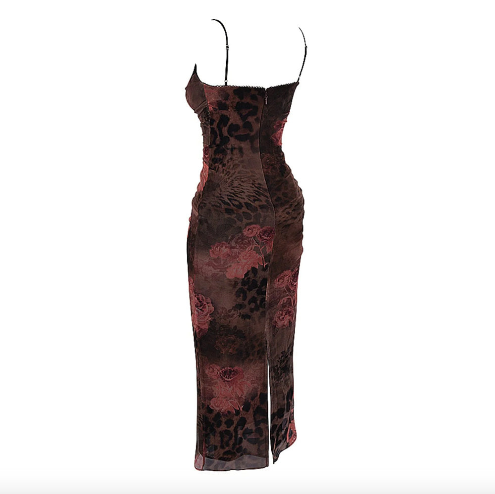 Floral Print Brown Bodycon Dress