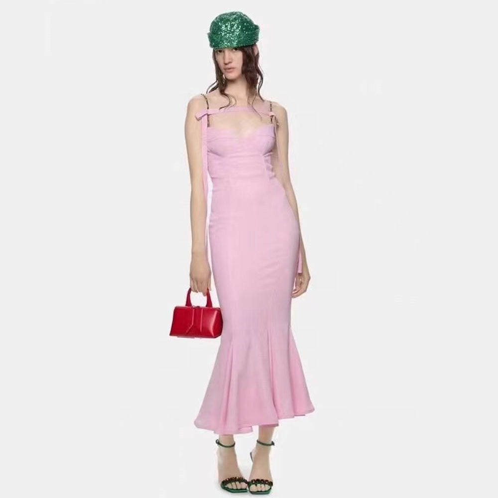 Frilled Bottom Bodycon Backless Lace Up Midi Dress
