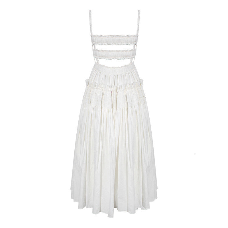 White Puff Hollow Out Pleated Big Hem Dress
