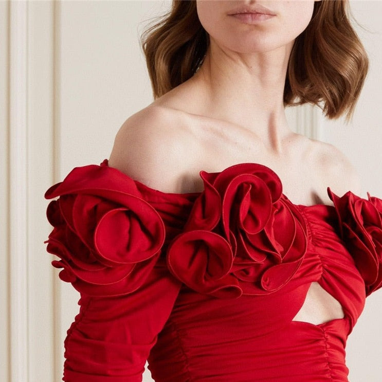 Red Flower Decorated Long Sleeve Off Shoulder Hollow Out Ruched Blouse