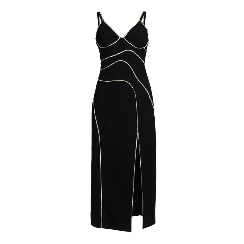 Straps V-Neck Crystal Side Split Midi Dress