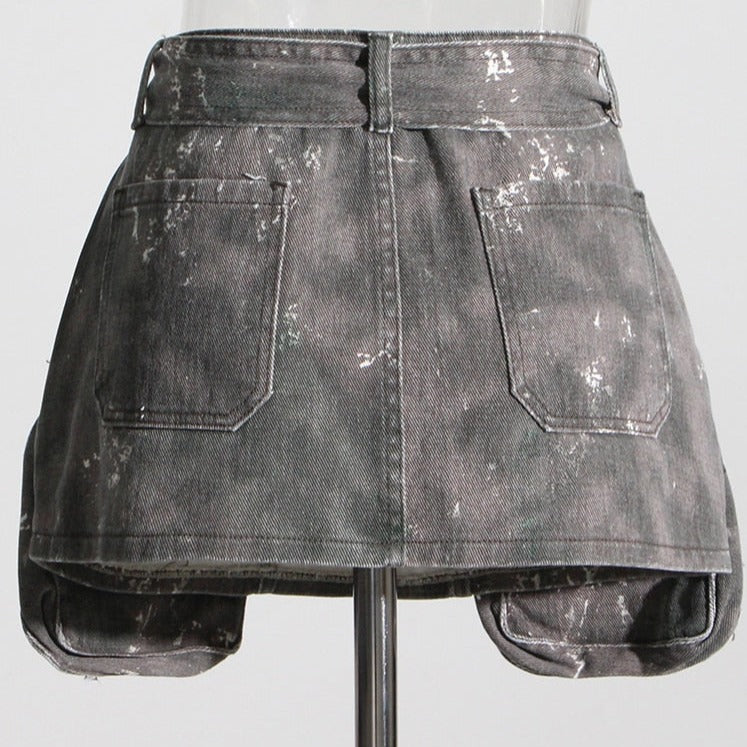 Grey Denim Pockets High Waist Skirt