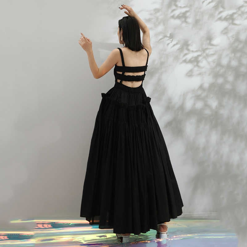 Black Puff Hollow Out Pleated Big Hem Dress