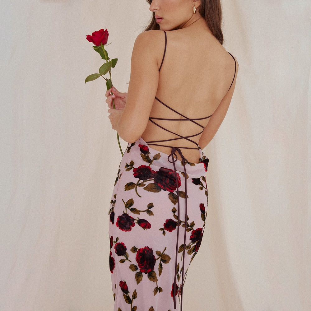 Lace Up Backless Floral Printing Bodycon Maxi Dress