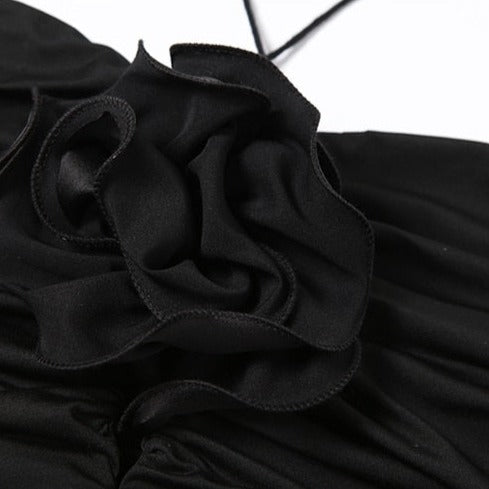 Black Flower Necklace Lace Up Sleeveless Halter Tank Top