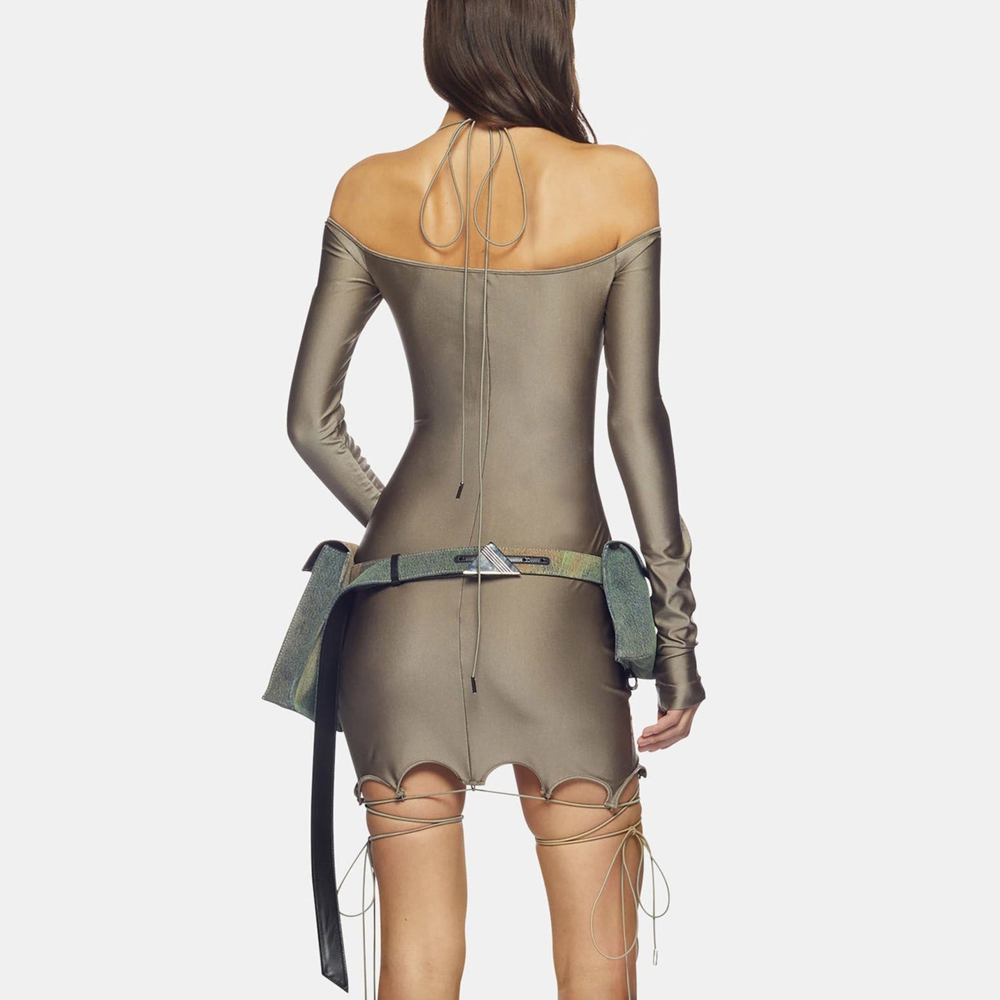 Lace Up Off Shoulder Khaki Mini Dress