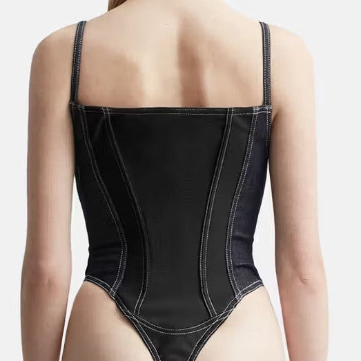 Black Denim Patchwork Lace Up Zipper Bodysuit