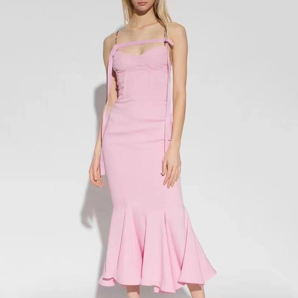 Frilled Bottom Bodycon Backless Lace Up Midi Dress