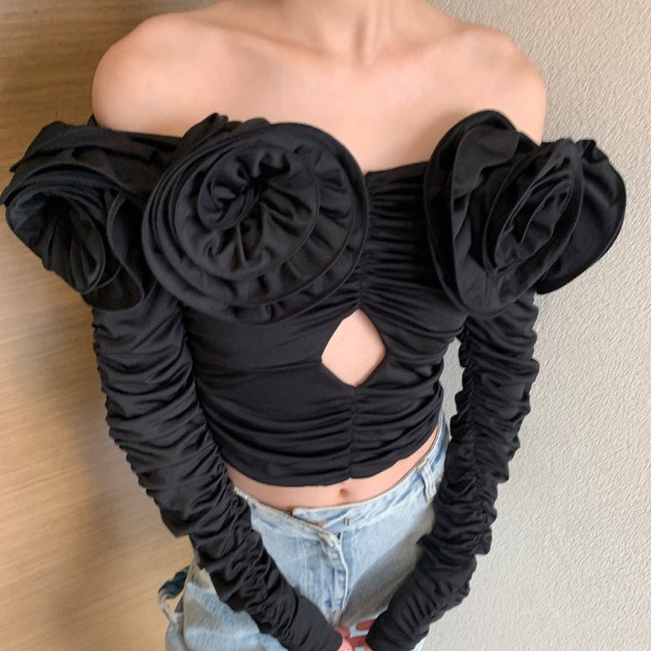 Black Flower Decorated Long Sleeve Off Shoulder Hollow Out Ruched Blouse