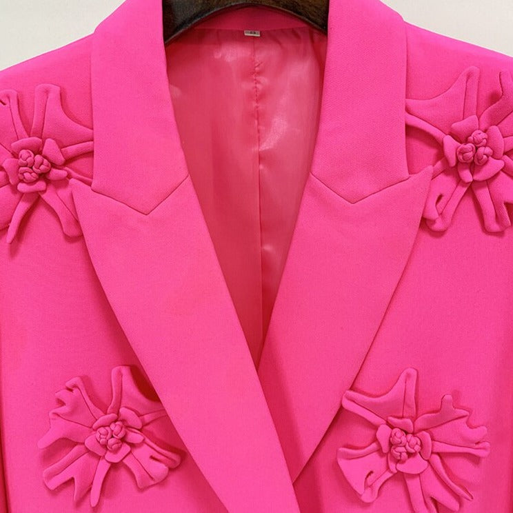 Double-Breasted 3D Flowers Pink Jacket