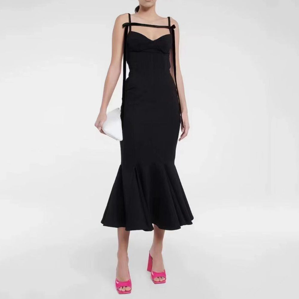 Frilled Bottom Bodycon Backless Lace Up Midi Dress