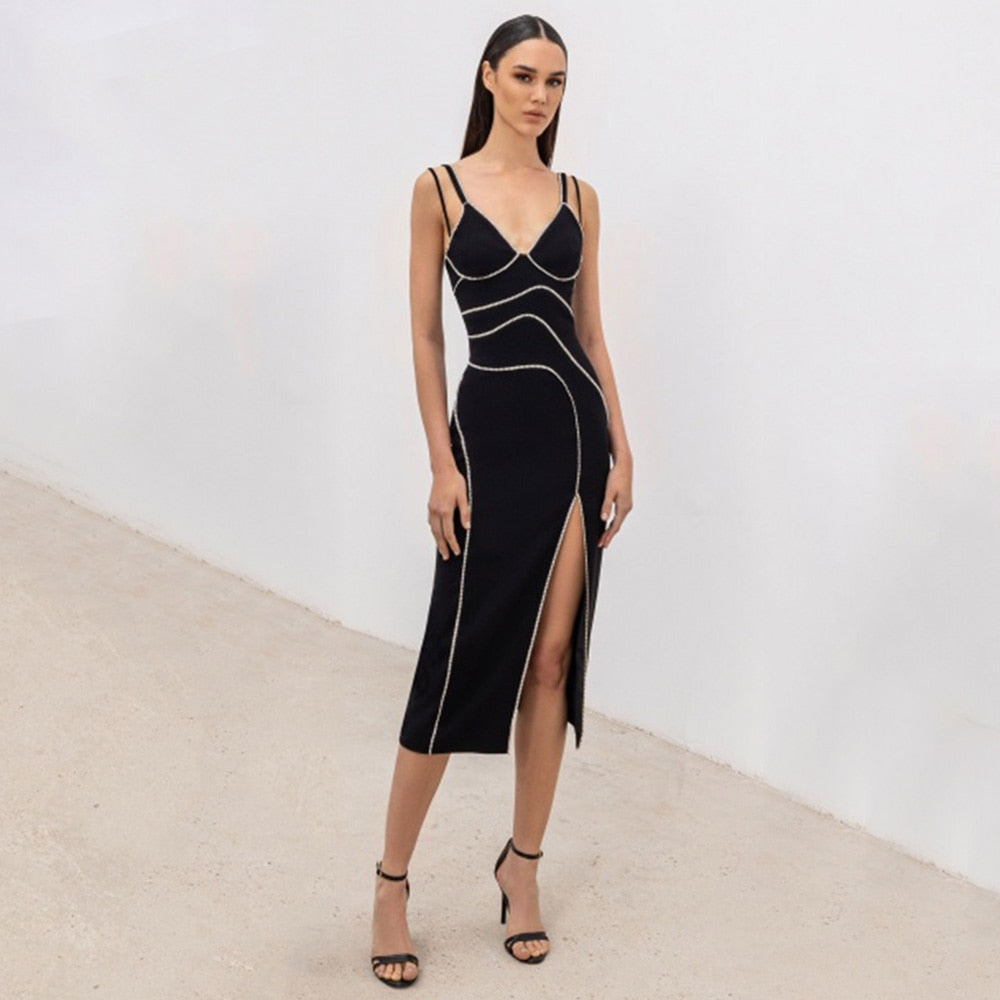 Straps V-Neck Crystal Side Split Midi Dress