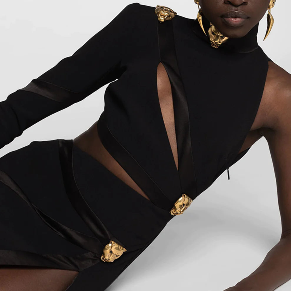 Black One Shoulder Hollow Out Side Slit Mini Dress