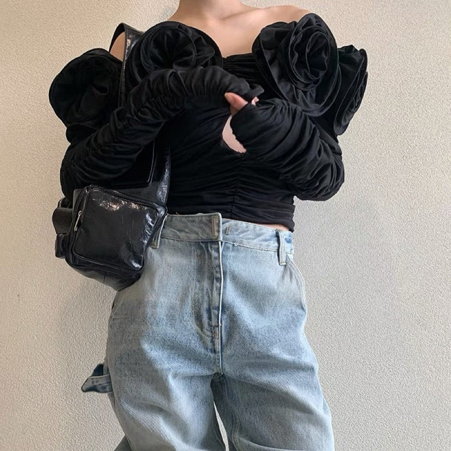 Black Flower Decorated Long Sleeve Off Shoulder Hollow Out Ruched Blouse