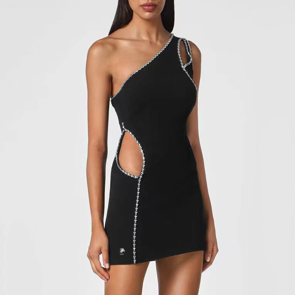 Black Crystal Hollow Out Mini Dress