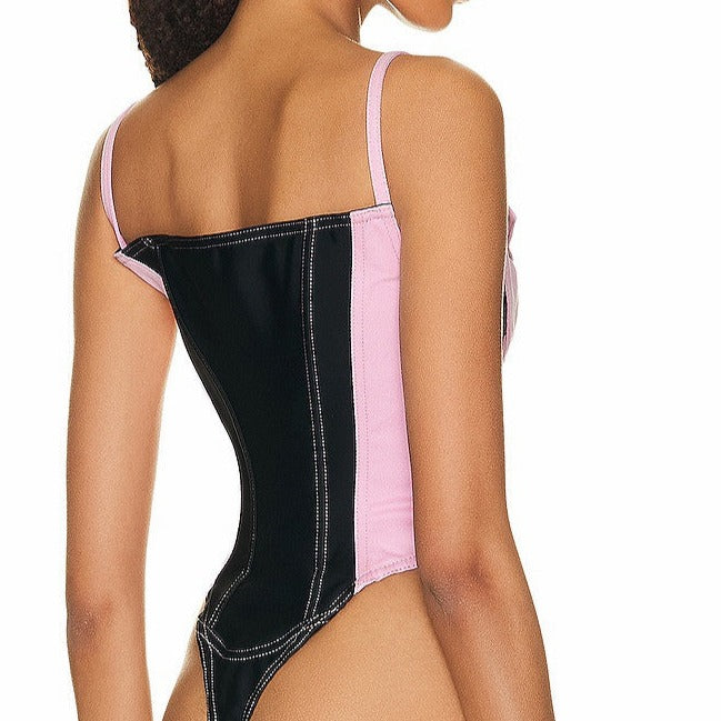 Pink Denim Patchwork Lace Up Zipper Bodysuit