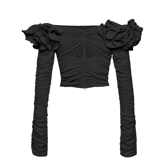 Black Flower Decorated Long Sleeve Off Shoulder Hollow Out Ruched Blouse