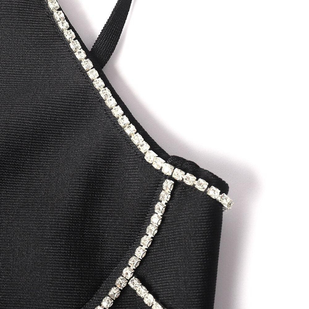 Straps V-Neck Crystal Side Split Midi Dress