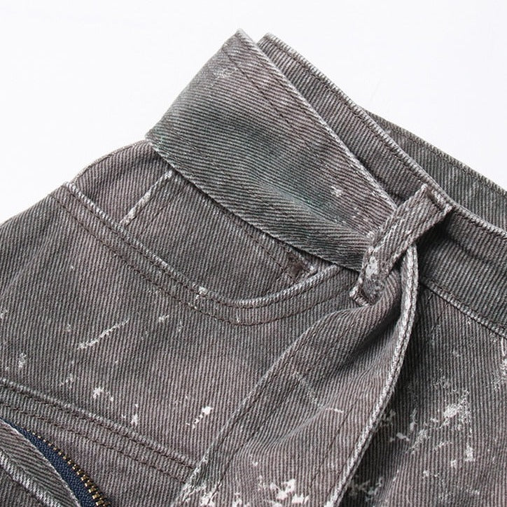 Grey Denim Pockets High Waist Skirt