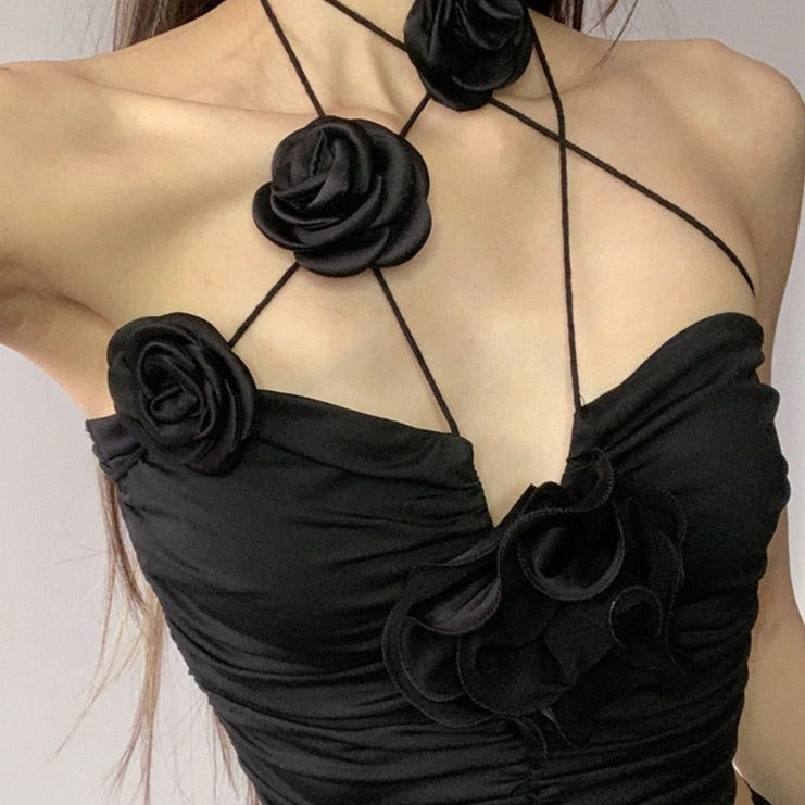 Black Flower Necklace Lace Up Sleeveless Halter Tank Top