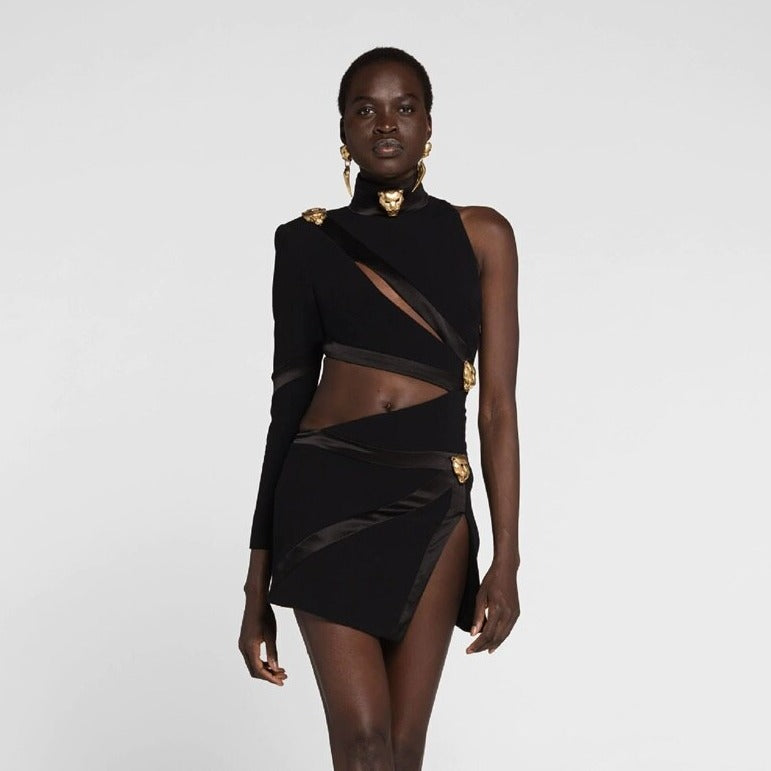 Black One Shoulder Hollow Out Side Slit Mini Dress