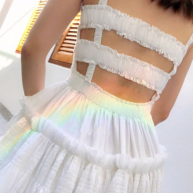 White Puff Hollow Out Pleated Big Hem Dress