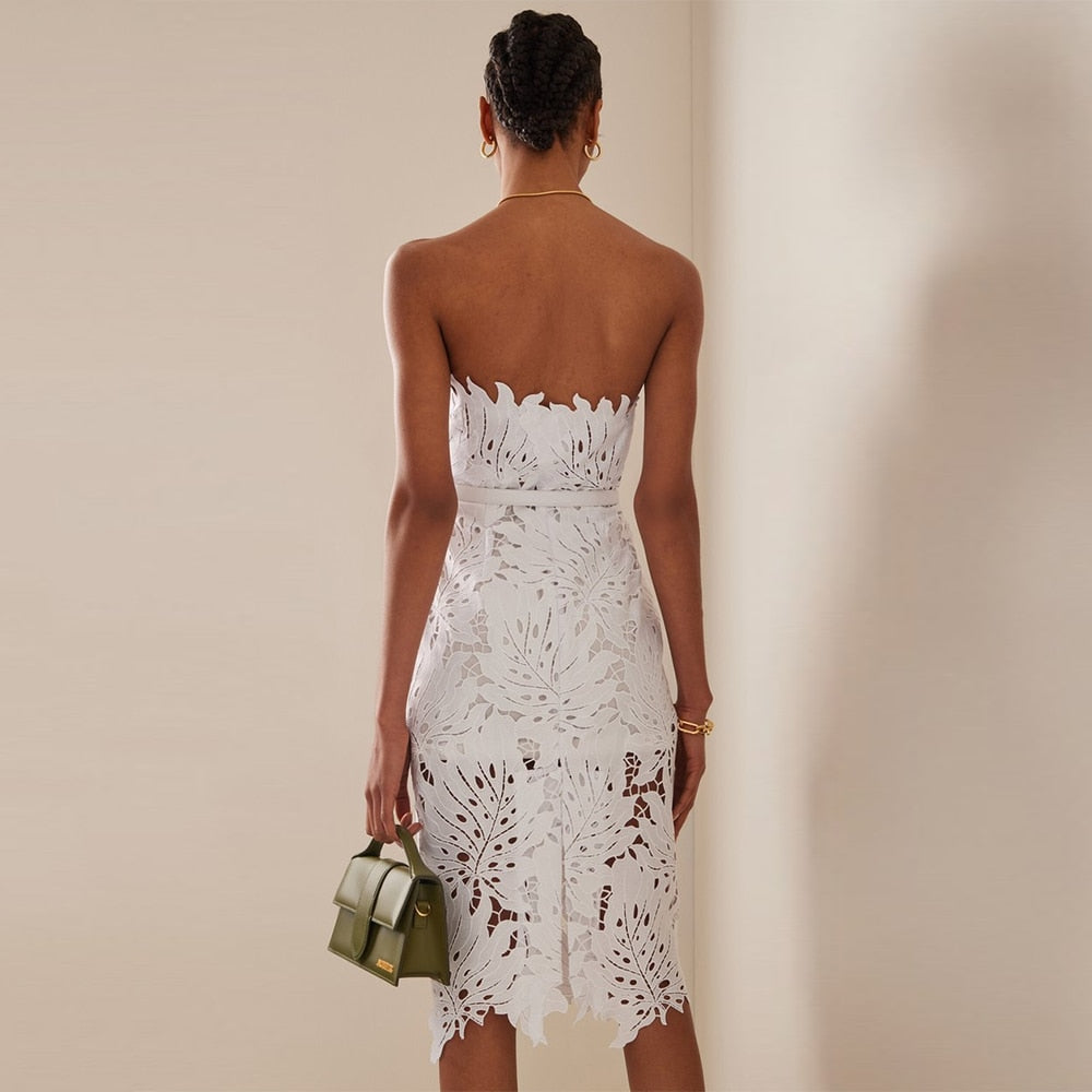 White Patchwork Lace Midi Dress