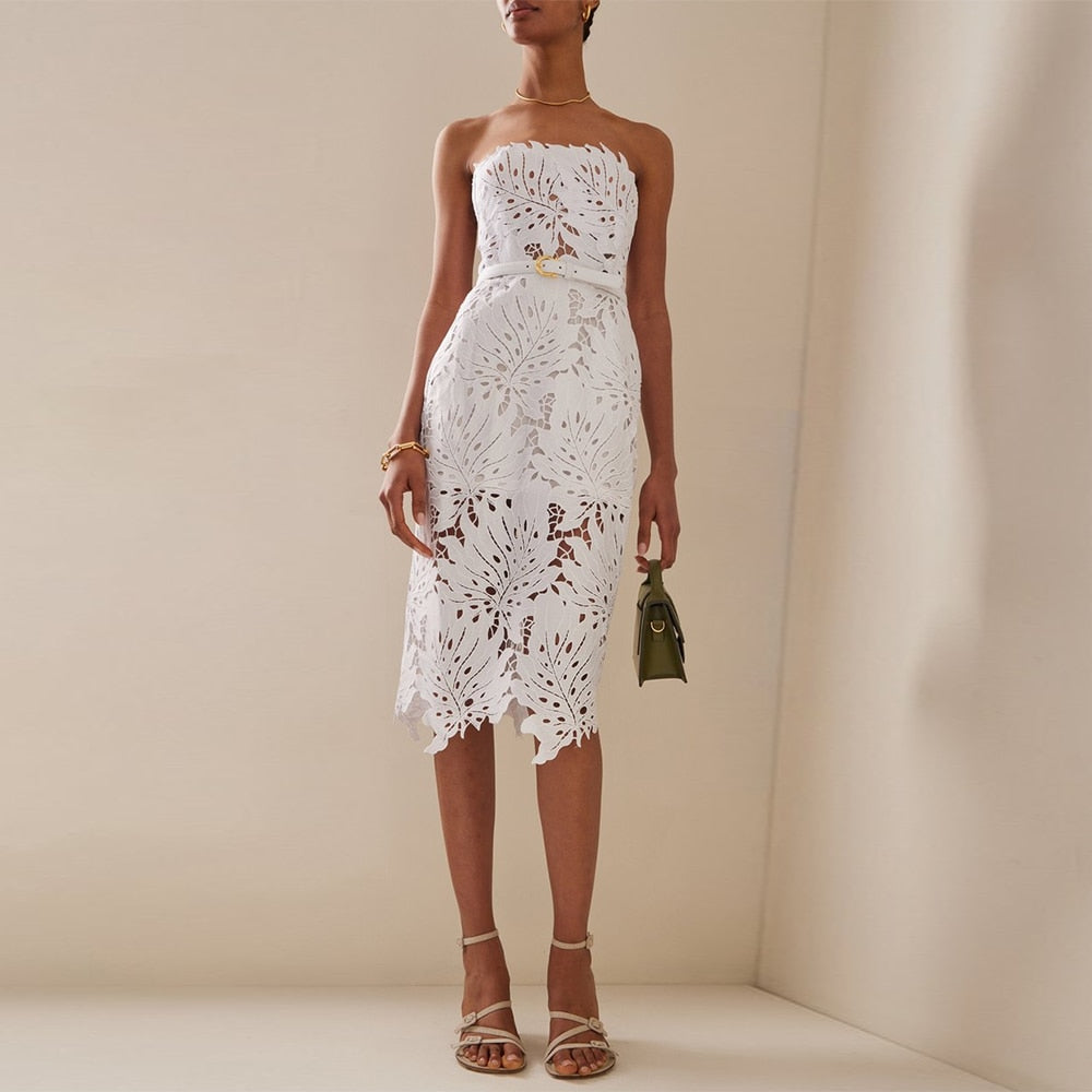 White Patchwork Lace Midi Dress