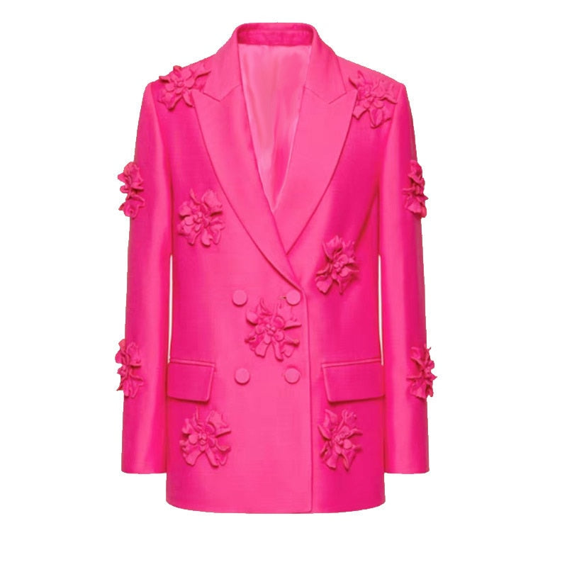 Double-Breasted 3D Flowers Pink Jacket