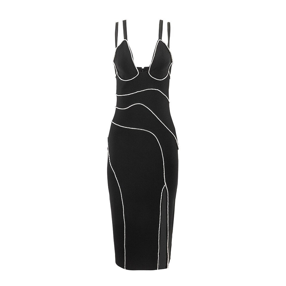 Straps V-Neck Crystal Side Split Midi Dress